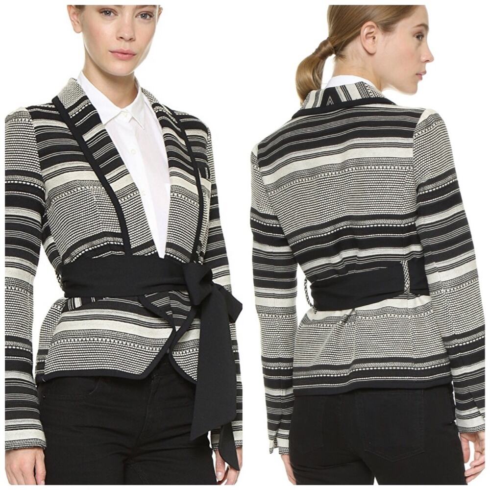 Marissa Webb Brighton‎ Woven Striped Black Belted Jacket Blazer Size Small